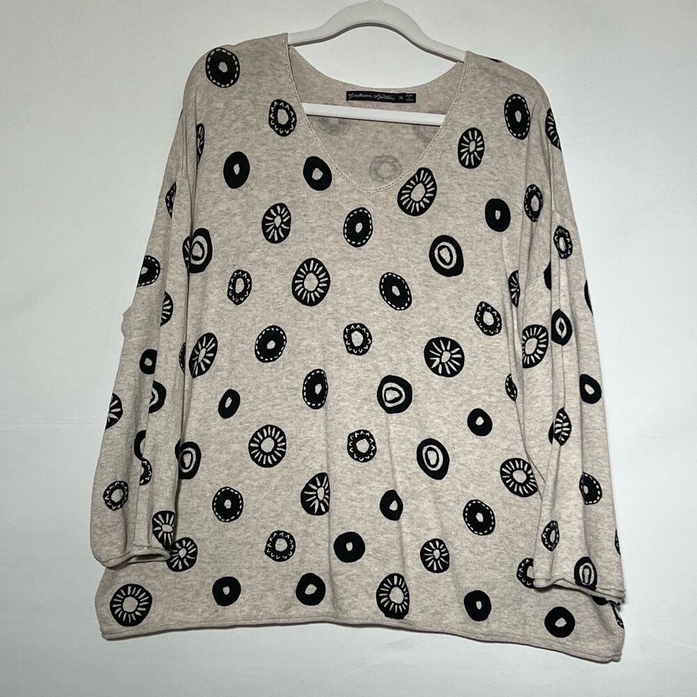Women’s Beige Printed V-Neck Blouse with Black Circle Pattern